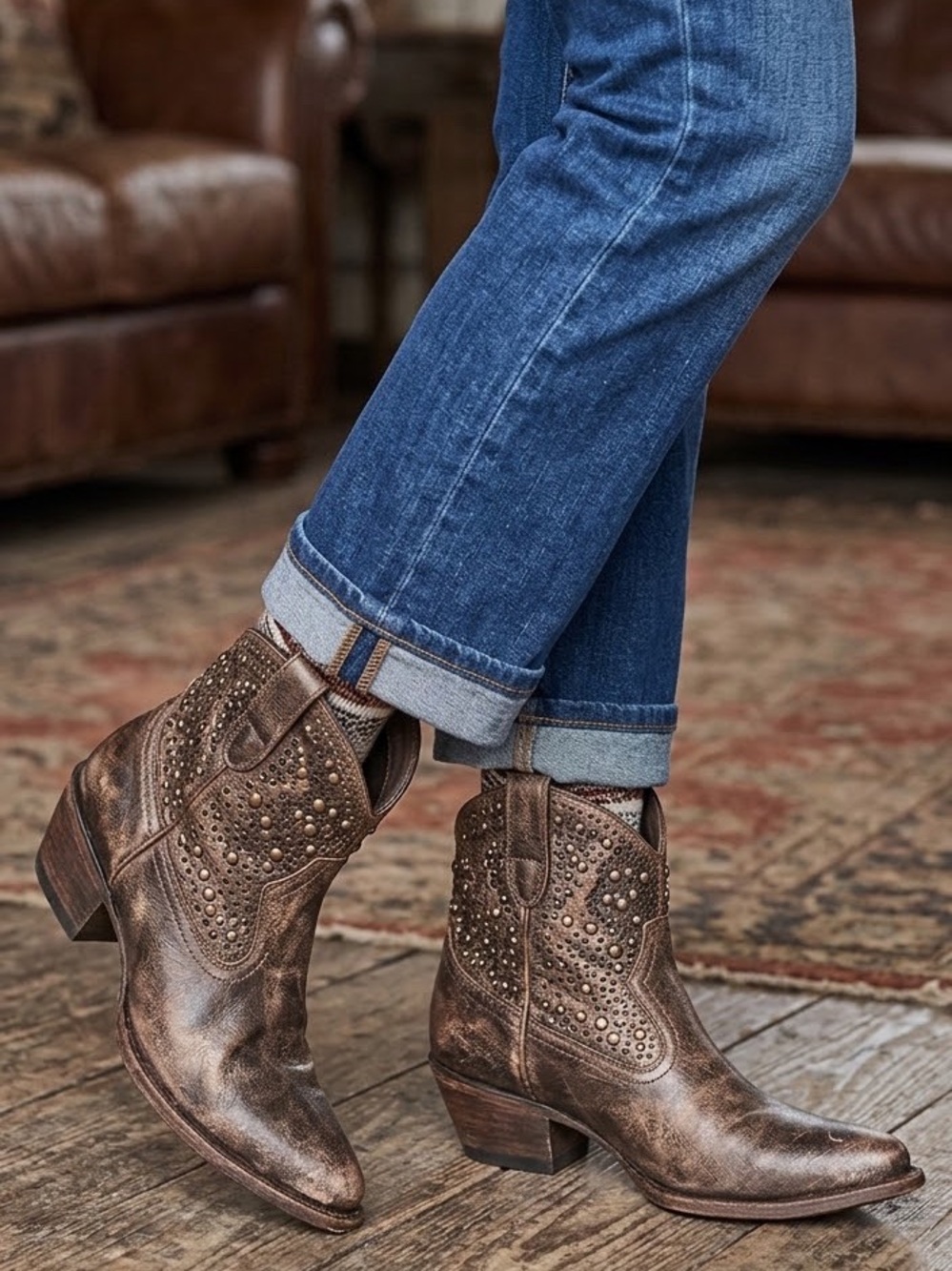MIA Distressed Bronze Metallic Studded Western Ankle Boots W 7M Made in Brazil